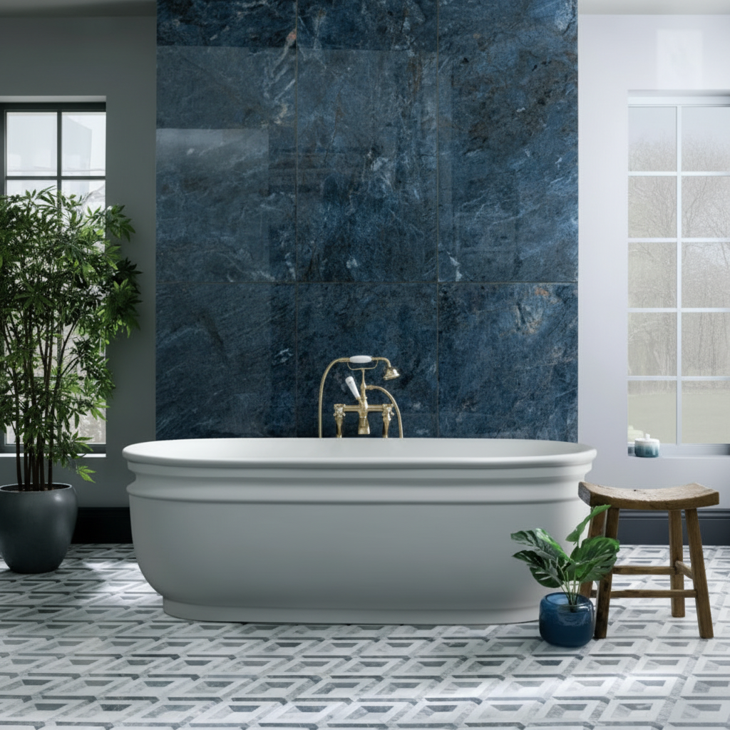 Enhanced white bathtub with blue marble