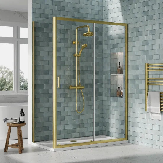 Nuie 1400x700x1900mm Brushed Brass Sliding Door Shower Enclosure Including Tray