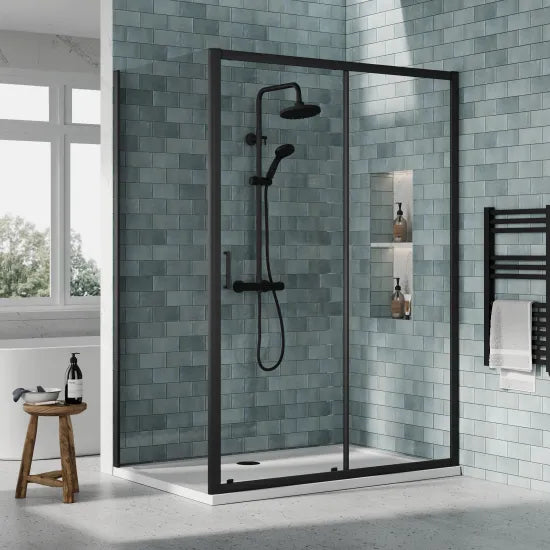 Nuie 1400x900mm Matt Black Sliding Door Shower Enclosure Including Tray