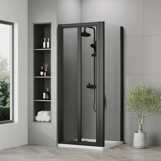 Nuie 760x760x1900mm Matt Black Bi-Fold Shower Enclosure With Side Panel & Tray