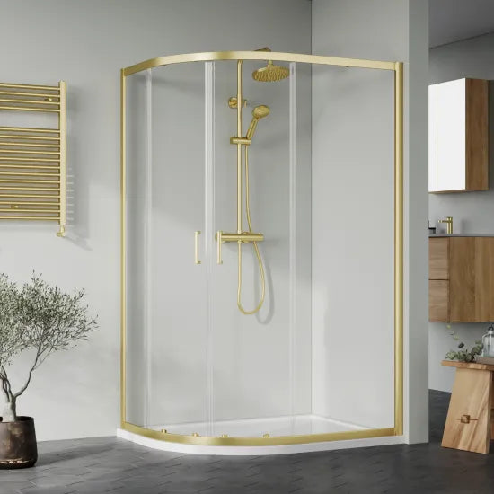 Nuie 1200x900x1900mm Brushed Brass Right Hand Offset Quadrant Shower Enclosure With Tray
