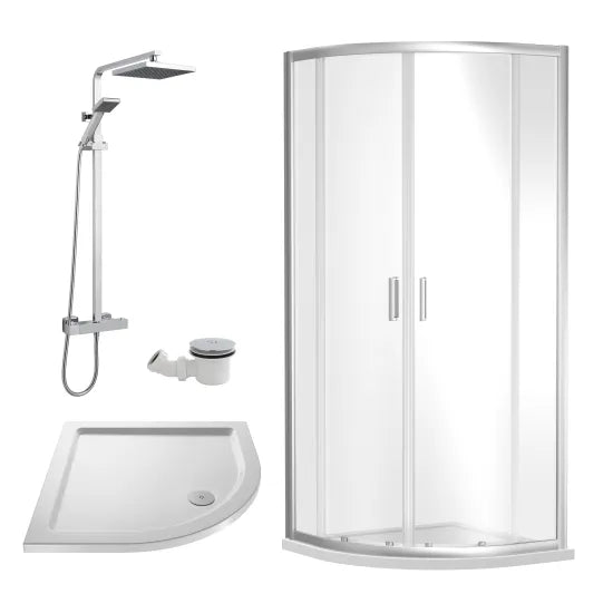 Nuie 900mm Chrome Quadrant Shower Enclosure, Tray & Shower Kit With Waste