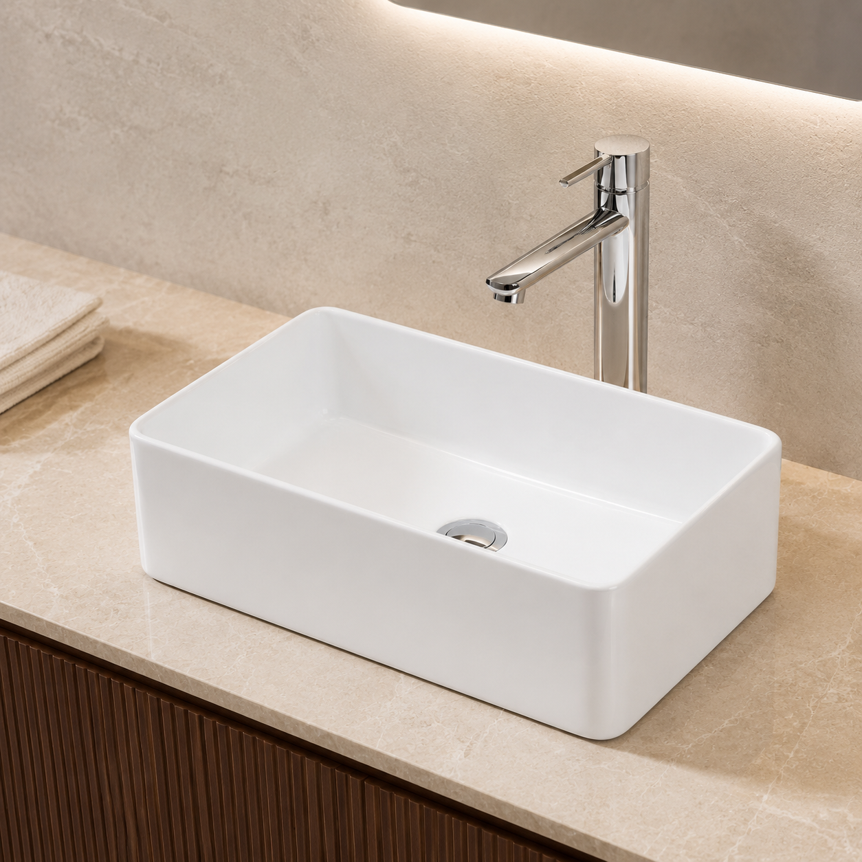 Meravo Classico Rectangular Vessel Basin | Matt White Vitreous China Countertop Basin