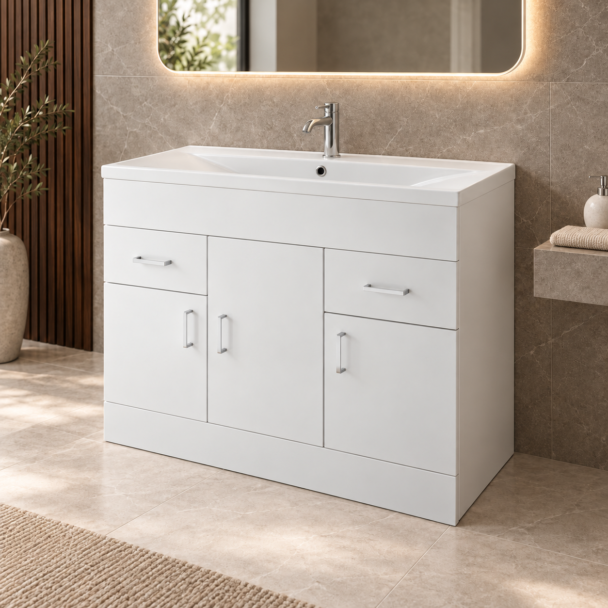 Meravo Turin 1000mm Gloss White 3 Door 2 Drawer Floor Standing Vanity Unit With Basin