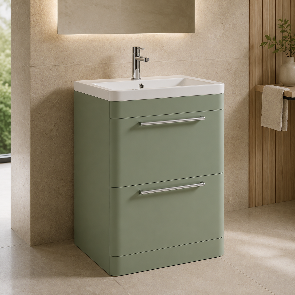 Meravo Pure 600mm Satin Green Floor Standing Vanity Unit & 1 Tap Hole Ceramic Basin