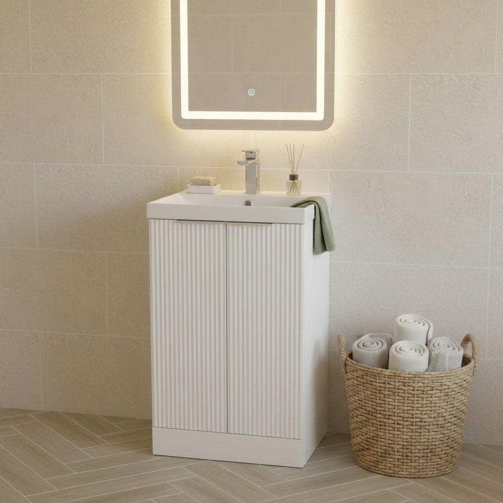 Fluted Vanity with Towel Basket