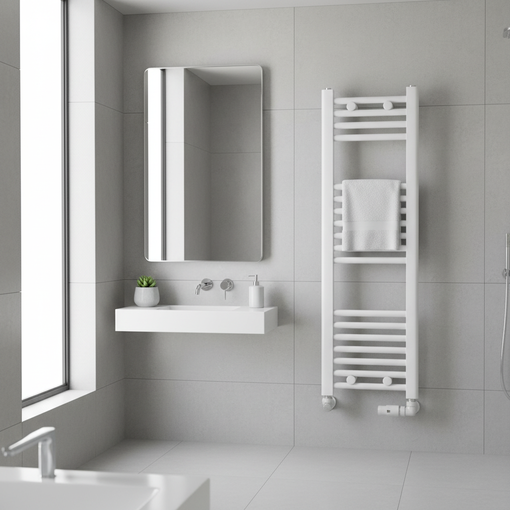 Fresh modern bathroom with white towel radiator