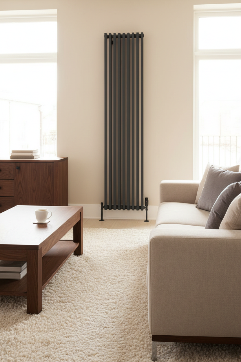 Grey column radiator with cream carpet and oak furniture