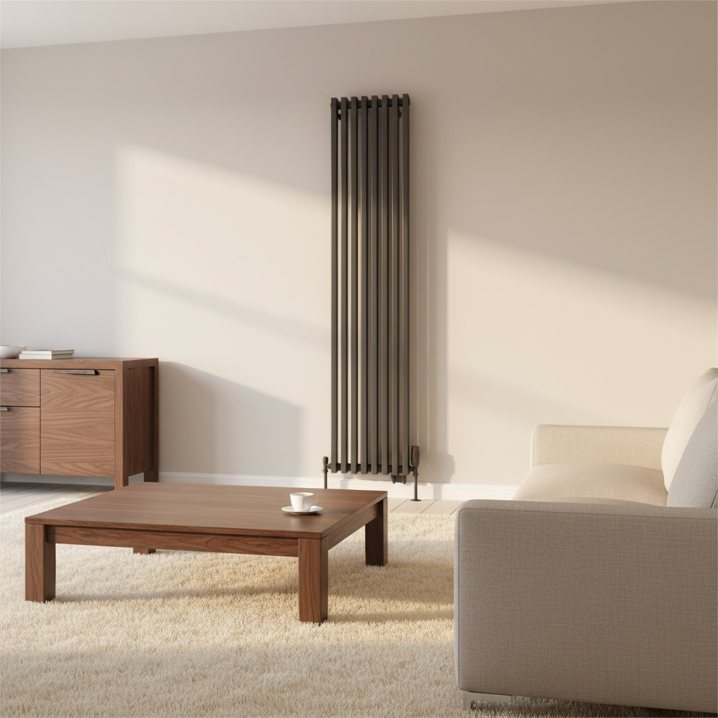 Grey column radiator with cream carpet - square format