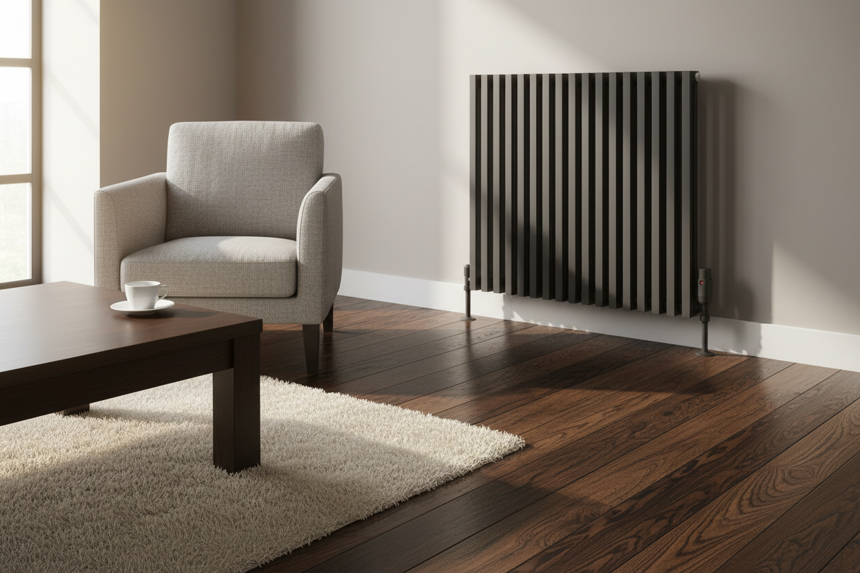 Grey column radiator with oak floors and cream rug