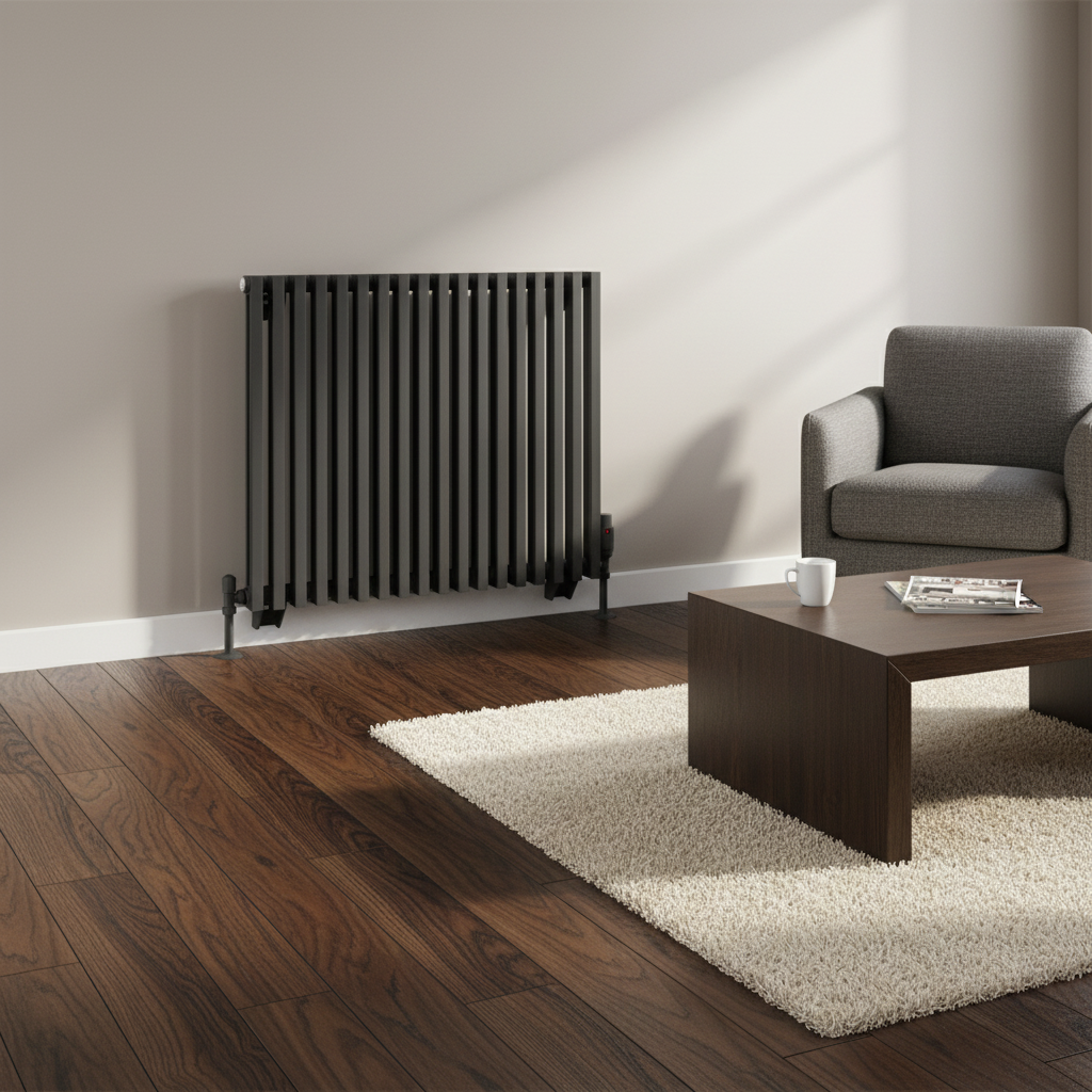Grey column radiator with oak floors - square format