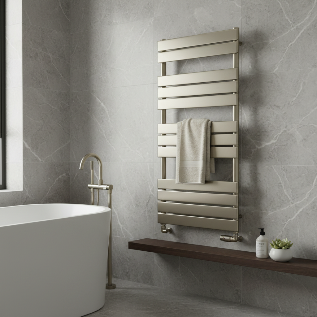 Grey marble bathroom with brushed nickel towel radiator