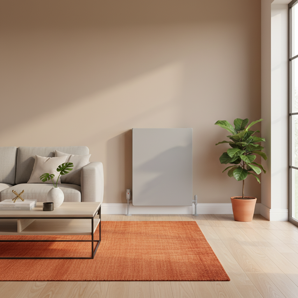 Grey radiator with burnt orange rug