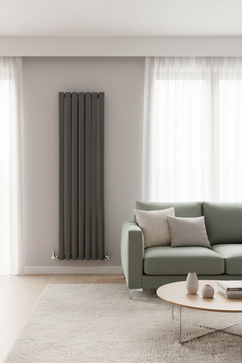 Grey radiator with sage green sofa and cream carpet