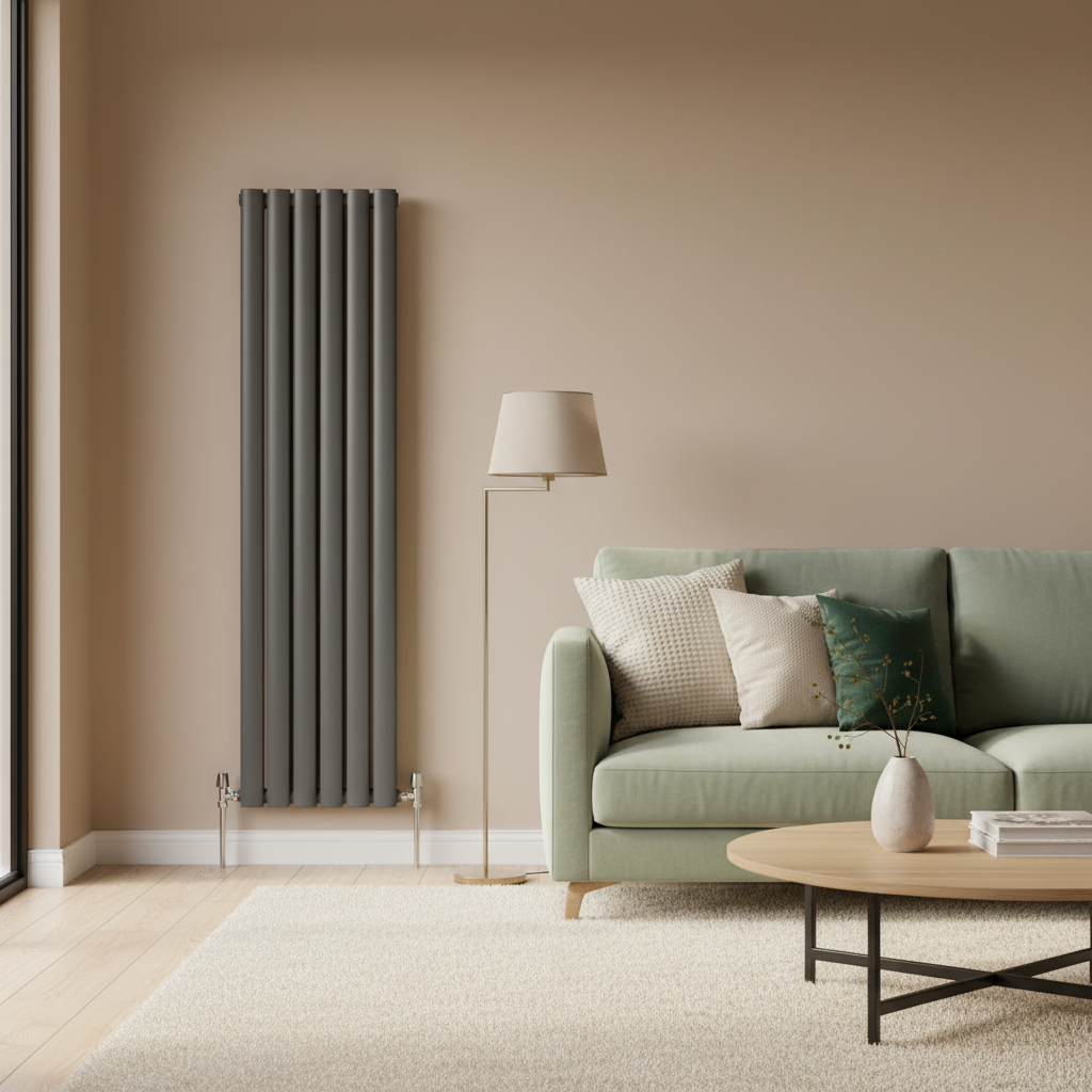 Grey radiator with sage green sofa - square format, clear