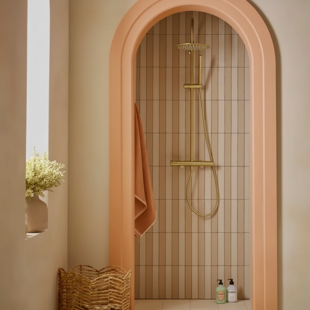 High-quality arched shower enclosure with brass fixtures - square format