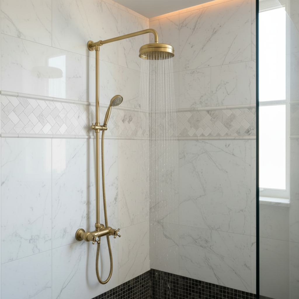 High-quality brushed brass shower system in modern bathroom - square format