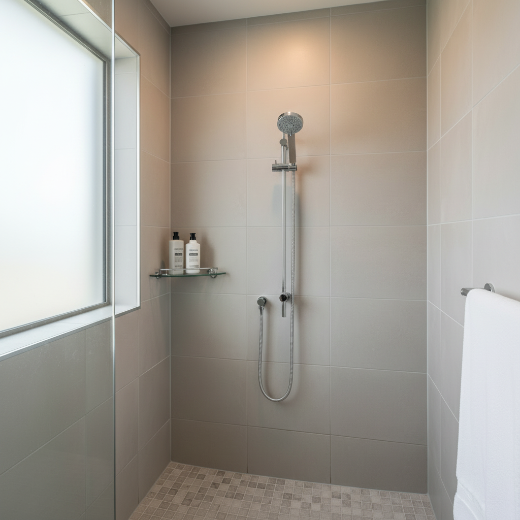 High-quality chrome shower system in minimalist bathroom - square format