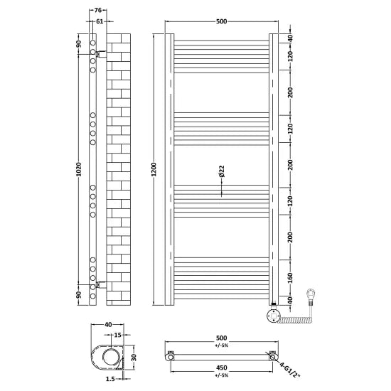 Hudson Reed Electric Round Tube Towel Rail with 17 Bars 1200mm x 500mm - Chrome