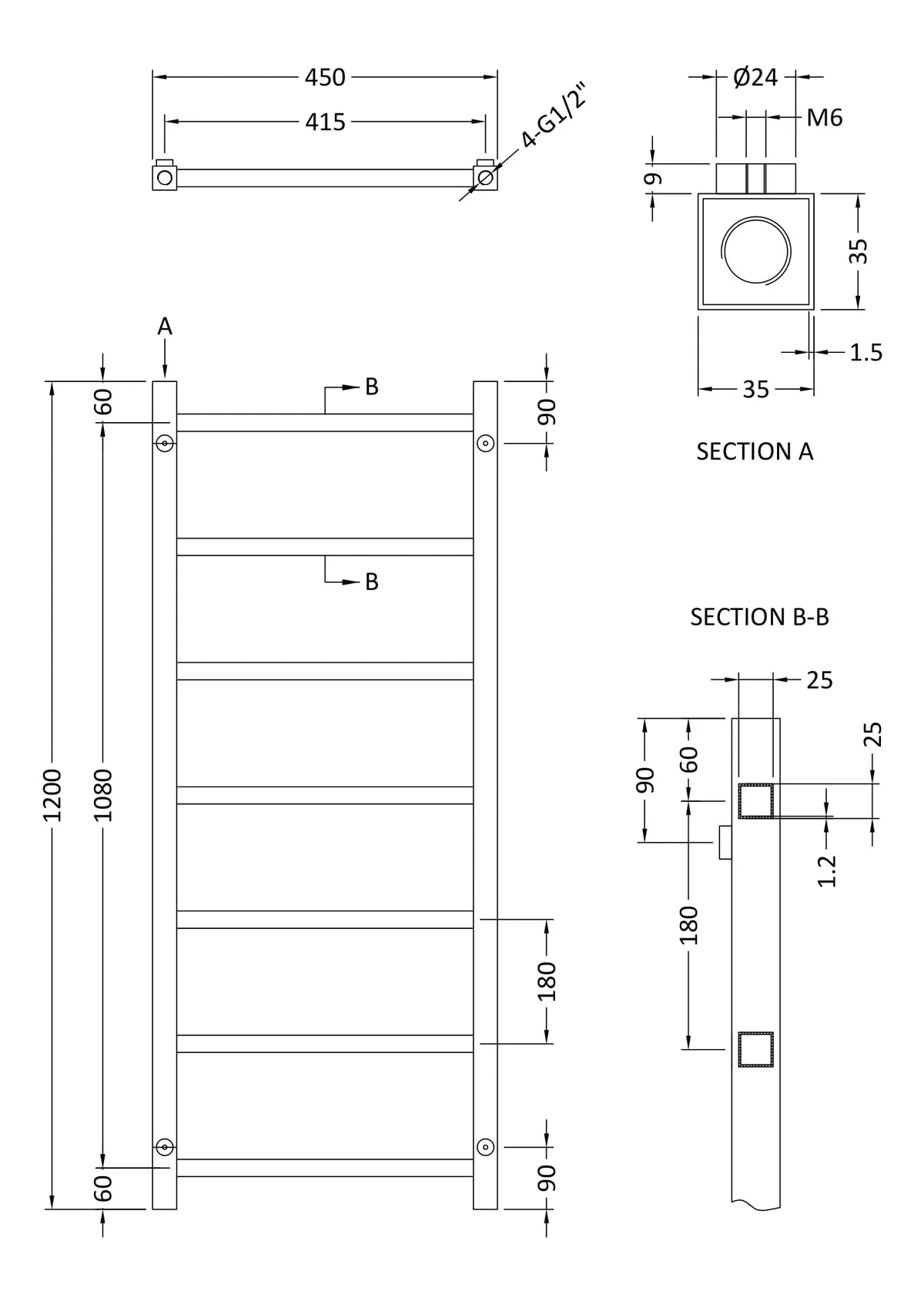 Hudson Reed Eton Heated Towel Rail 1200MMx450MM