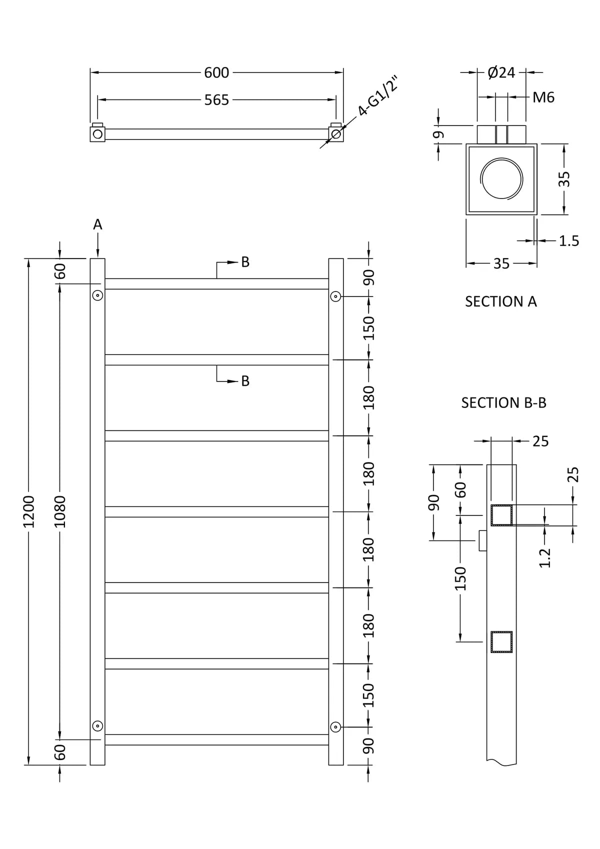 Hudson Reed Eton Heated Towel Rail 1200MMx600MM
