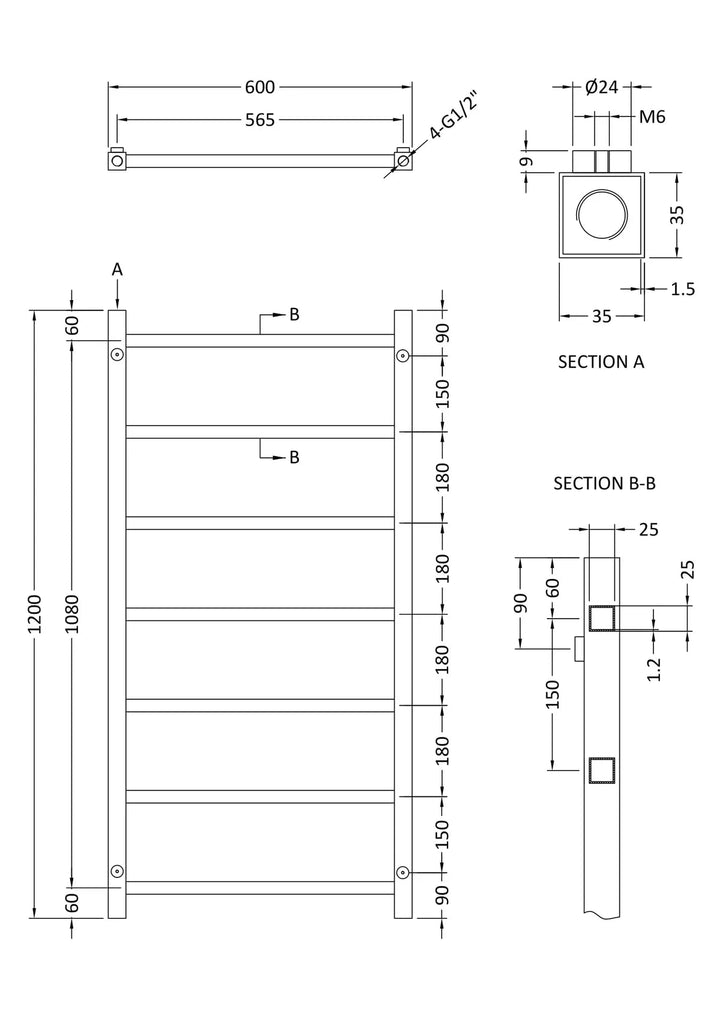 Hudson Reed Eton Heated Towel Rail 1200MMx600MM