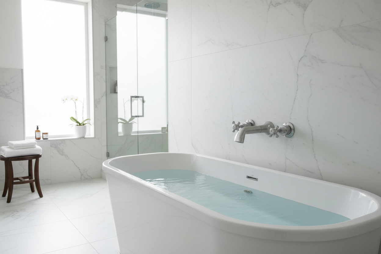 Luxury wall-mounted bath taps with crosshead handles in modern bathroom setting