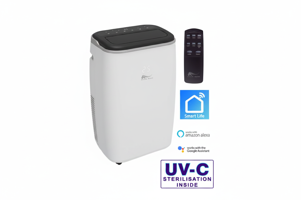 Portable air conditioner with remote control, Smart Life, Alexa, Google Assistant and UV-C Sterilisation badges
