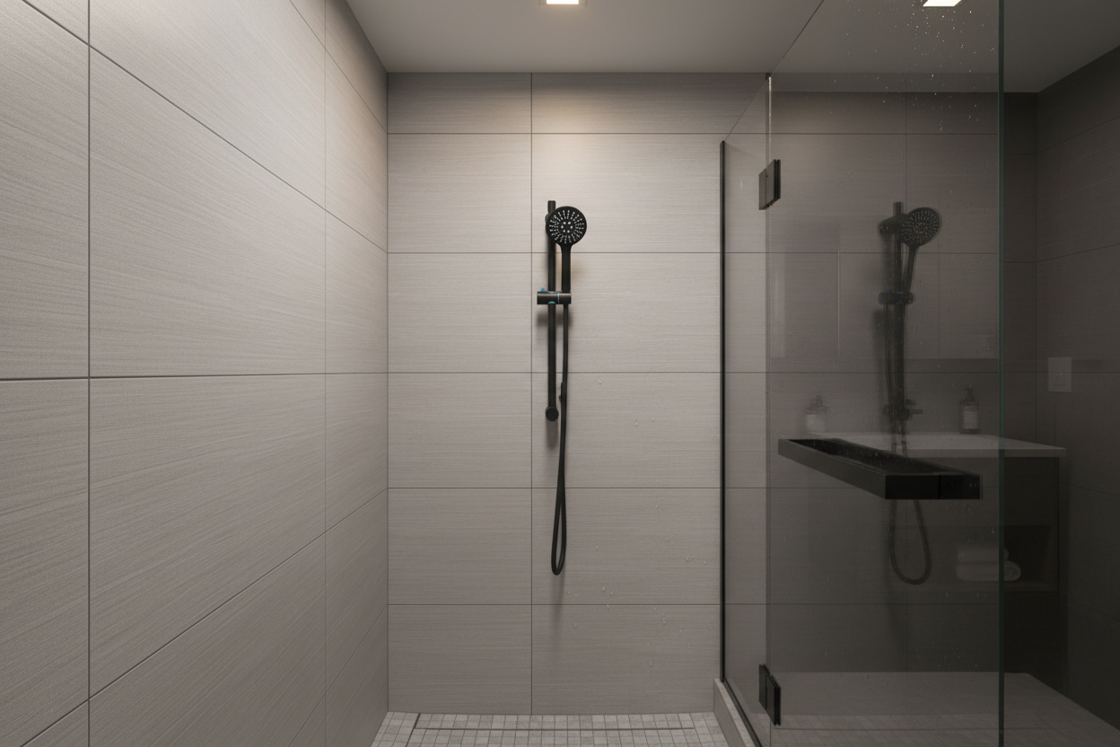 Kartell Nero Round Designer Shower Slide Rail Kit Matt Black in bathroom setting