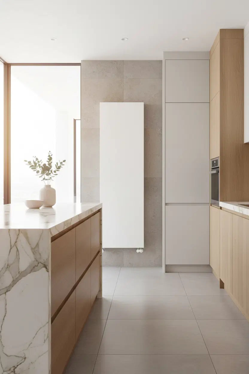 Kartell K-Flat vertical designer radiator in a premium modern kitchen lifestyle setting