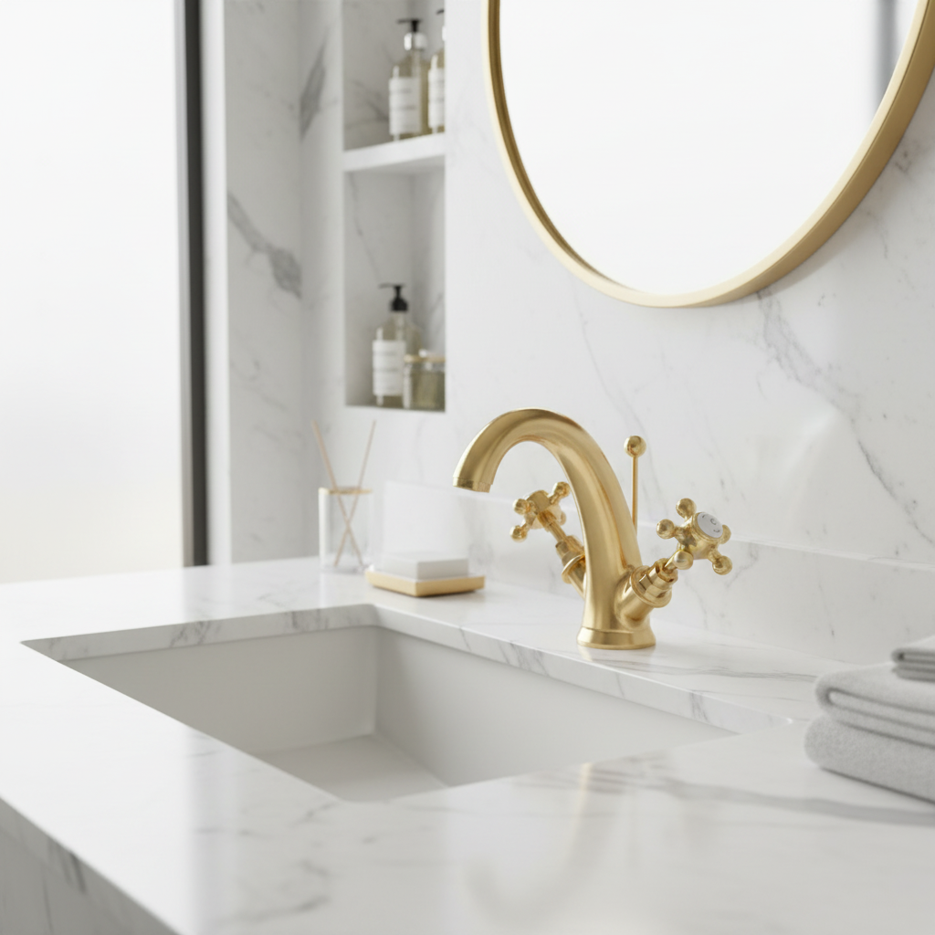 Gold basin tap in luxury bathroom setting