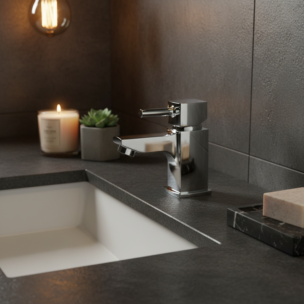 Munro chrome mono basin mixer tap on dark charcoal slate countertop in moody luxury bathroom lifestyle setting
