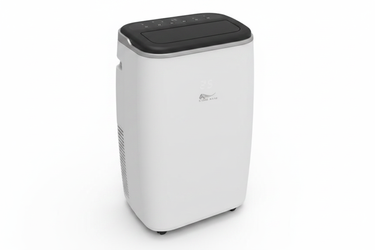 Portable air conditioner unit, white body with dark grey top control panel, three-quarter angle view