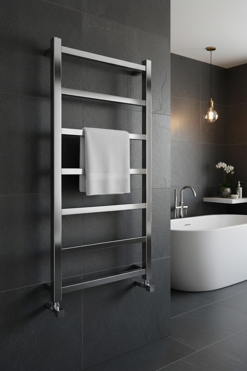 Chrome flat panel heated towel rail in dark luxury bathroom setting
