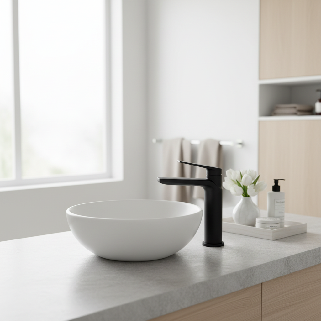 Matte black mono basin mixer tap on light stone countertop in bright Scandinavian luxury bathroom lifestyle setting