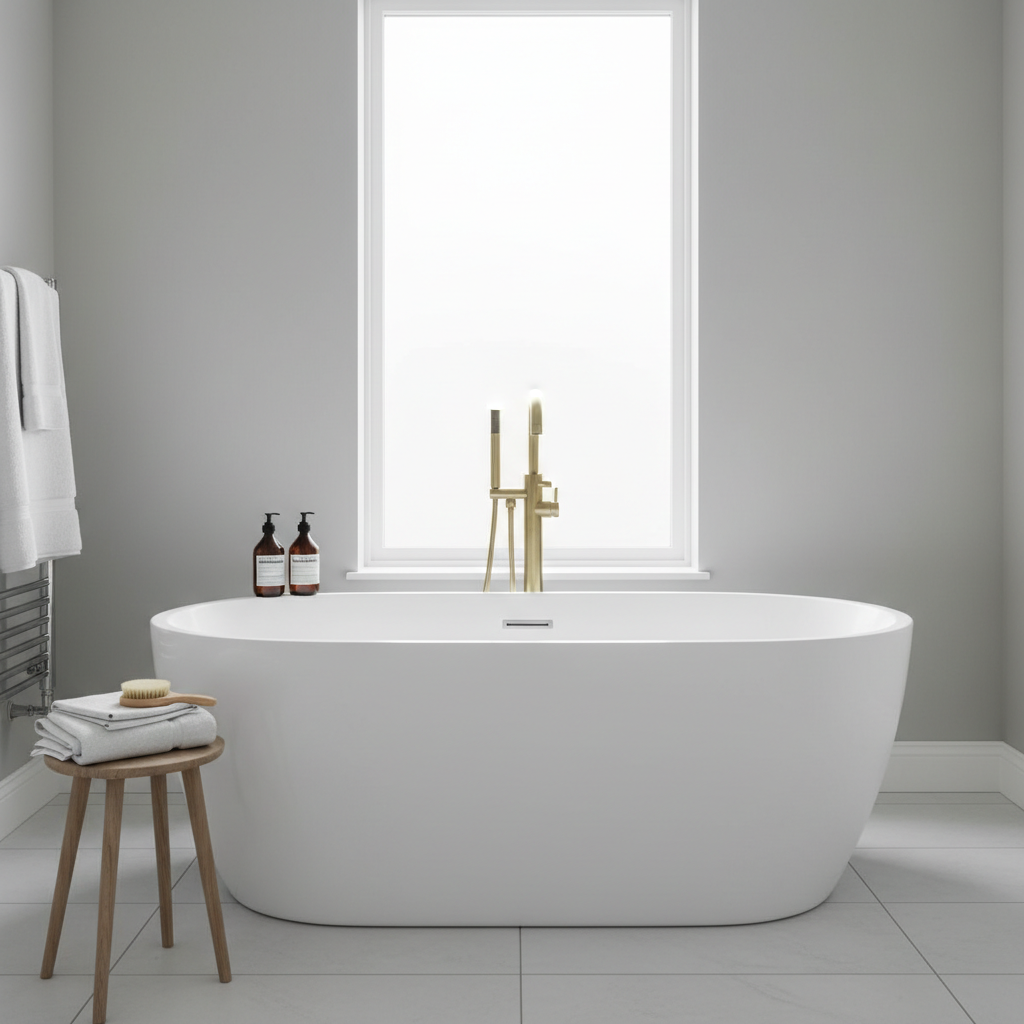 Kartell Ottone Freestanding Bath Shower Mixer Tap in Brushed Brass in a modern family home bathroom