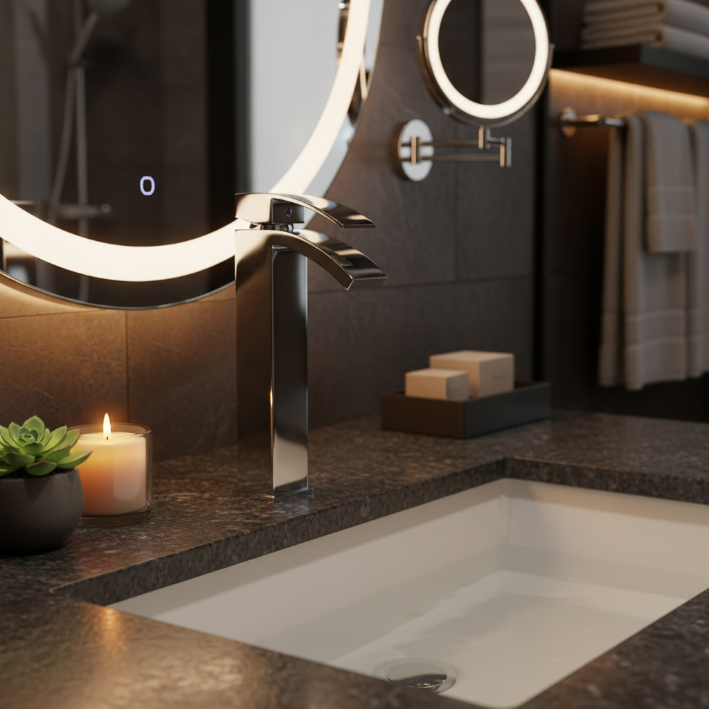 Tall chrome waterfall basin mixer tap on dark granite countertop in moody hotel bathroom lifestyle setting