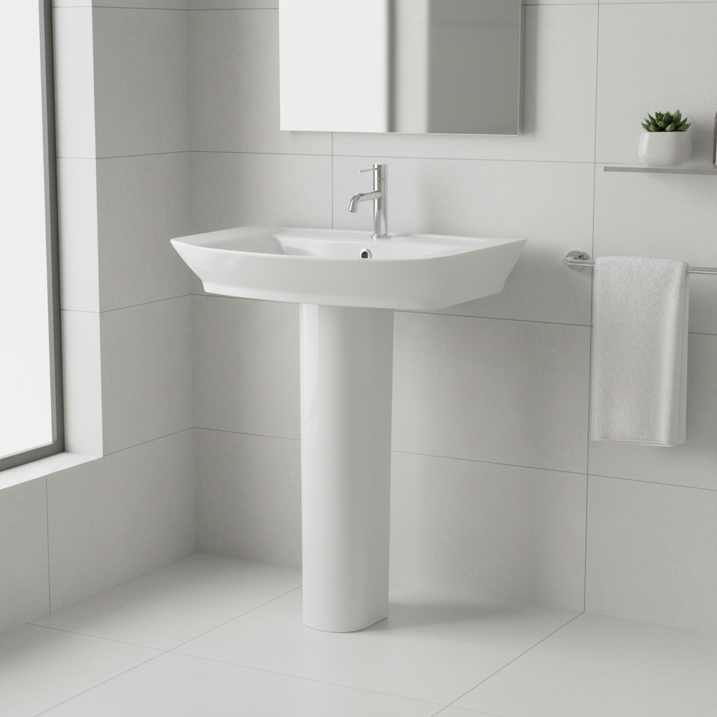 Plumbers Choice Lulworth 550mm Pedestal Basin side angle view in modern luxury bathroom setting