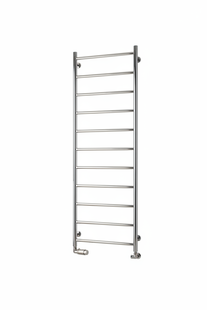 Polished stainless steel ladder towel rail on white background