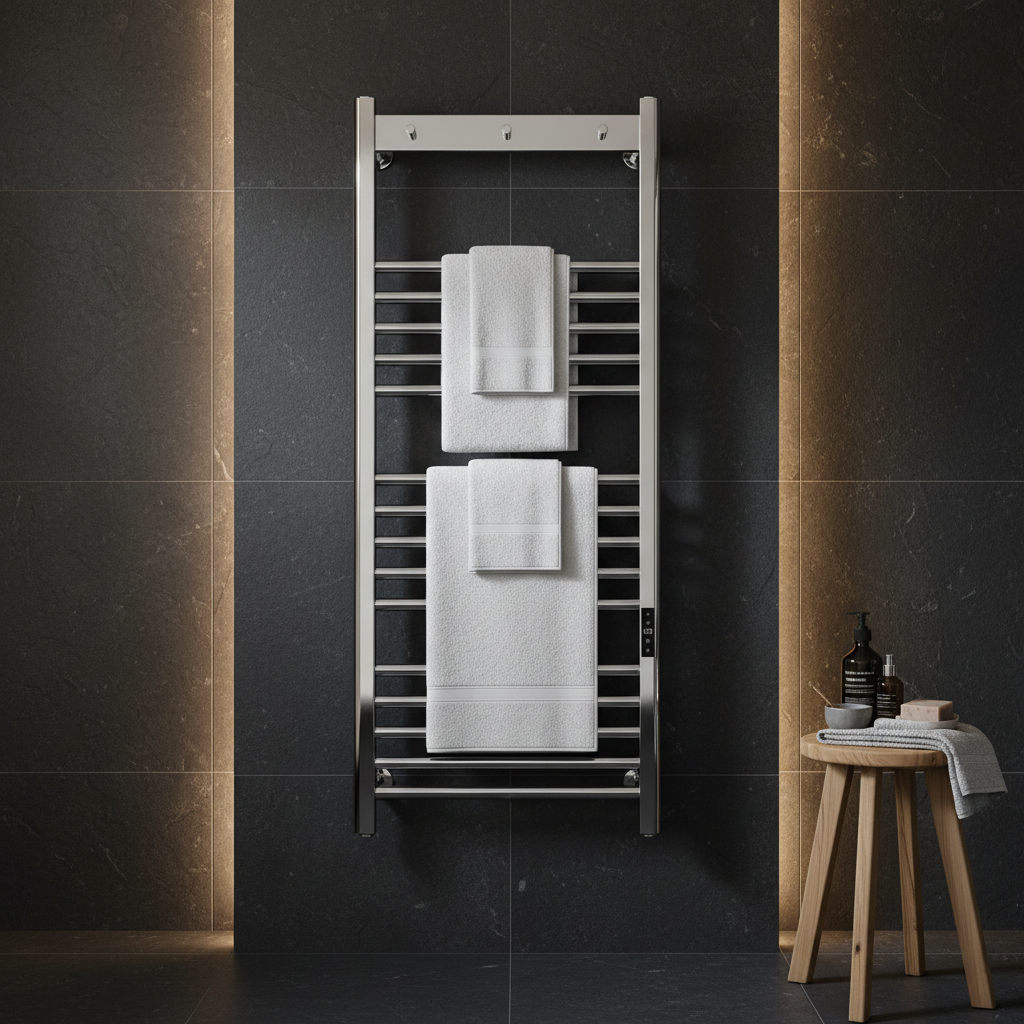 Kartell Toro Chrome Heated Towel Rail in Dark Spa Bathroom Setting