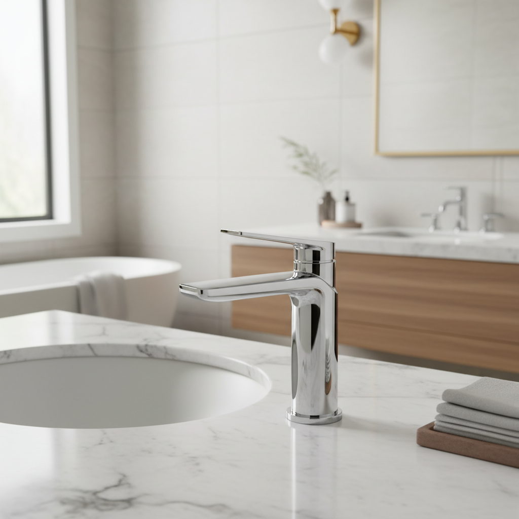 Chrome basin mixer tap on white marble countertop in bright luxury bathroom lifestyle setting