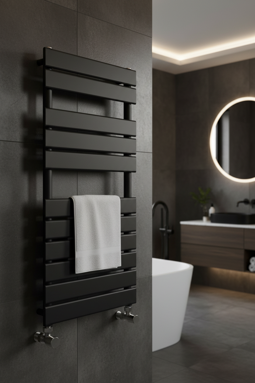 Matte black flat tube heated towel rail in luxury bathroom setting