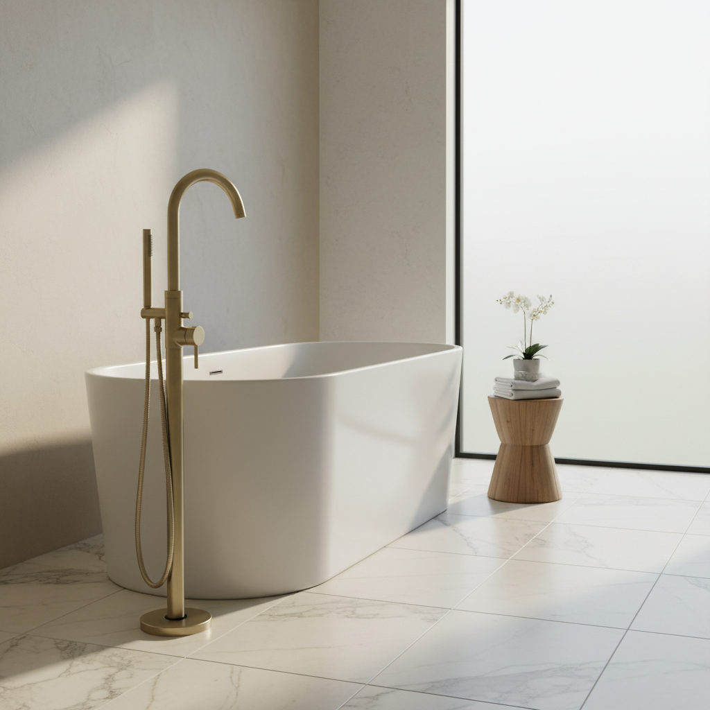 Kartell Ottone Freestanding Bath Shower Mixer Tap in Brushed Brass in a luxury bathroom setting