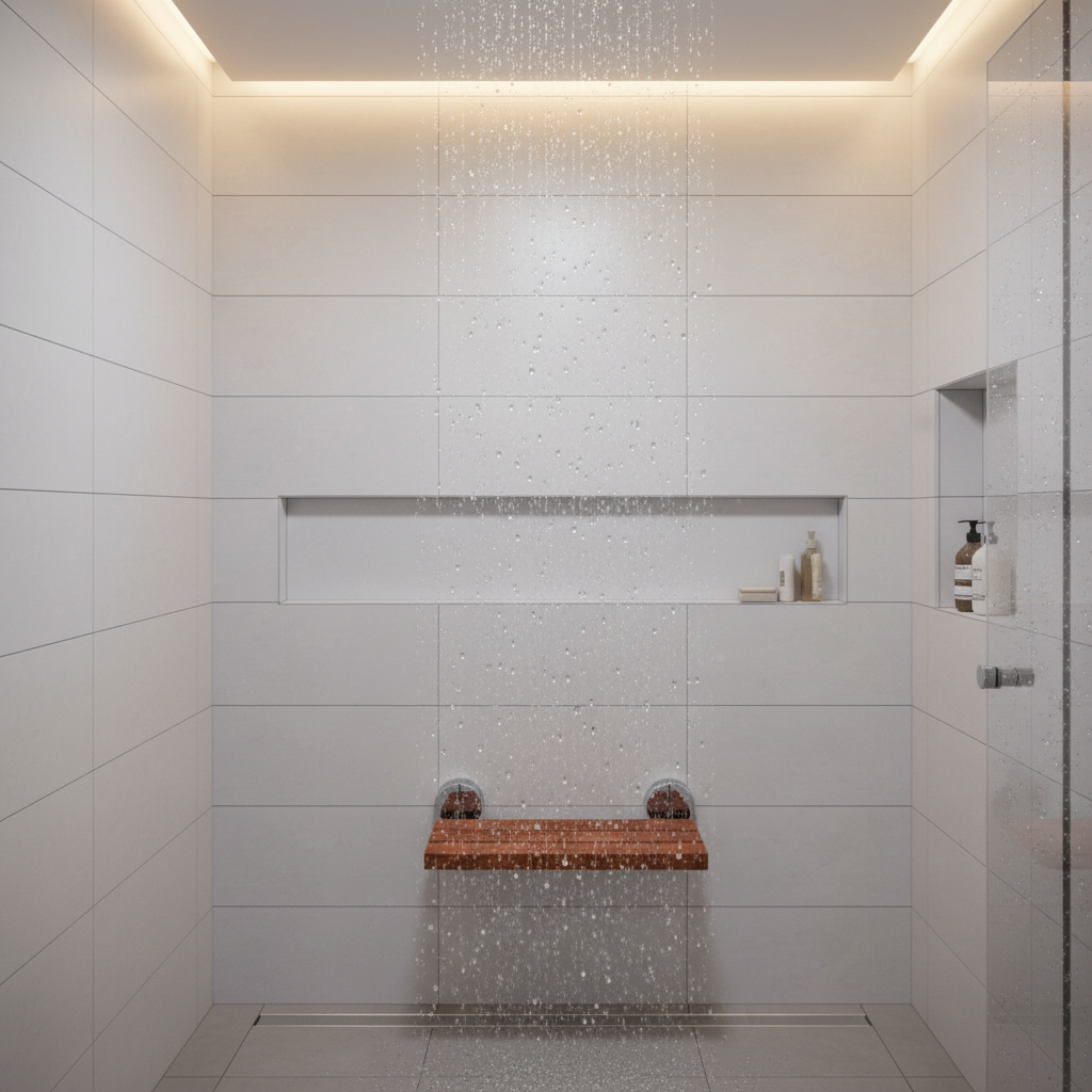 Wooden shower seat in modern bathroom setting