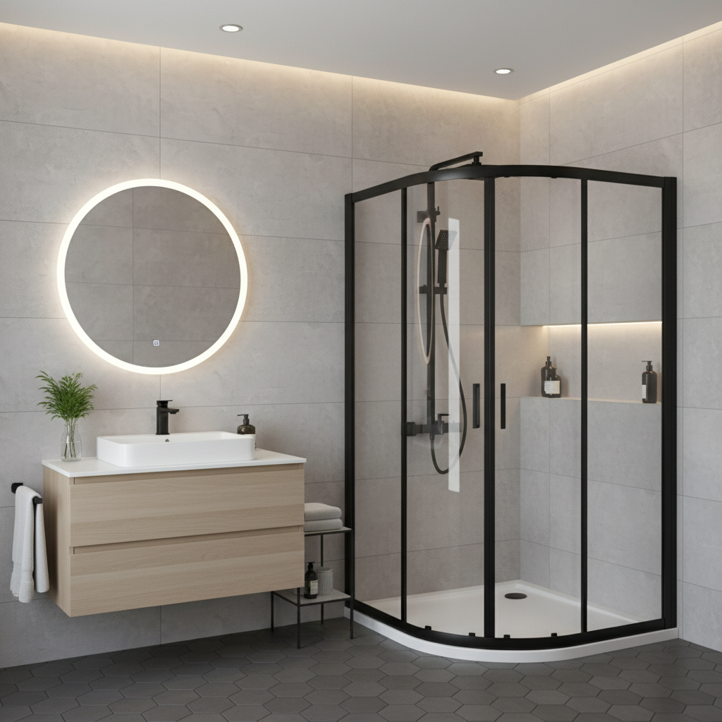 Black quadrant shower kit installed in modern bathroom