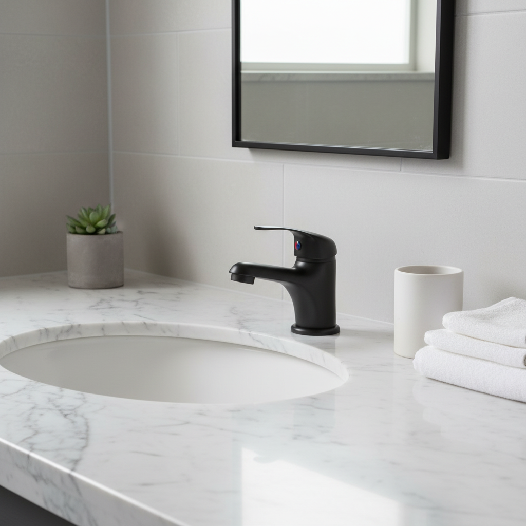Matte black mono basin mixer tap on white marble countertop in bright luxury bathroom lifestyle setting