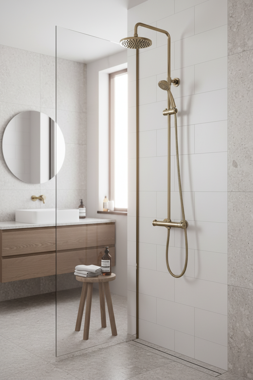 Brushed brass thermostatic shower system in modern home bathroom