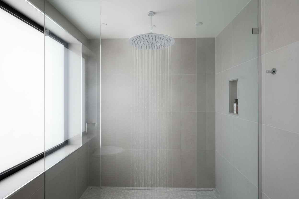 Round chrome rainfall shower head installed in luxury bathroom shower setting