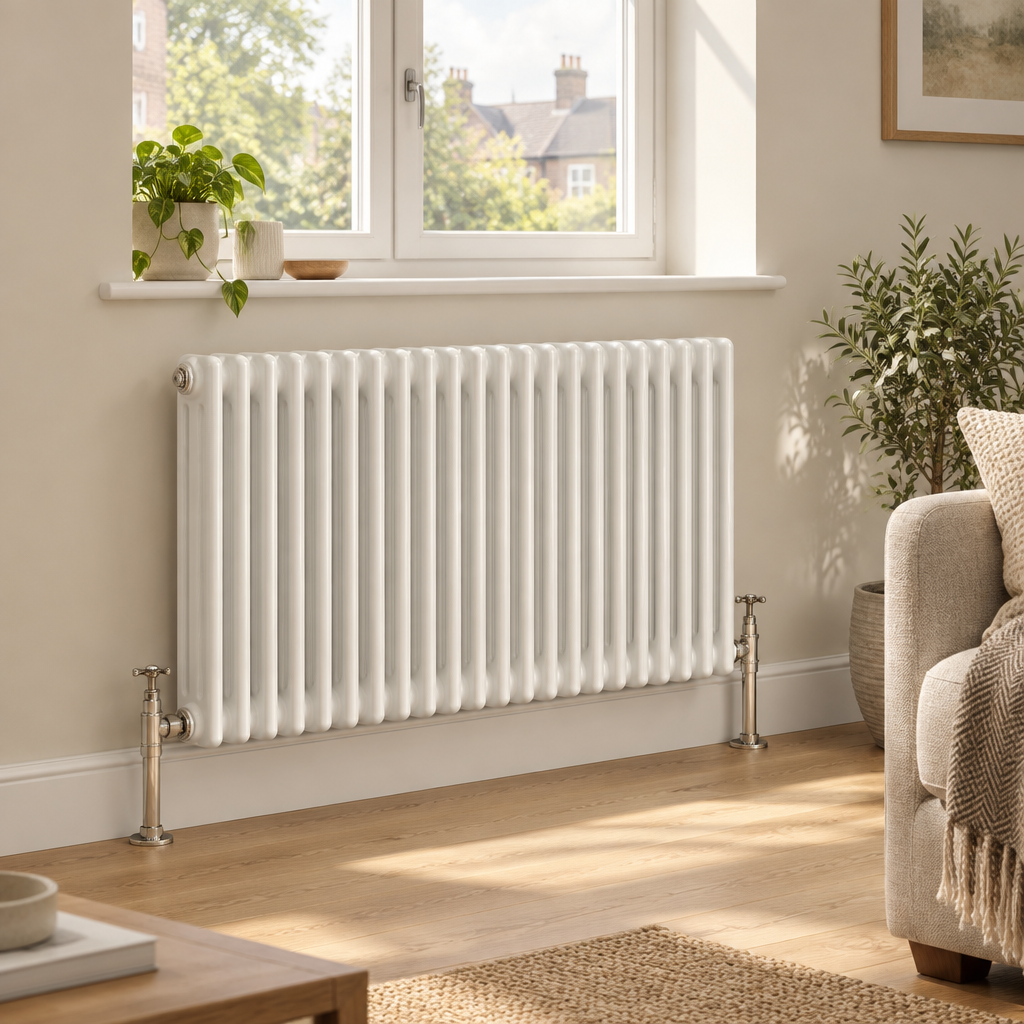 White horizontal column radiator mounted beneath a window in a contemporary living room