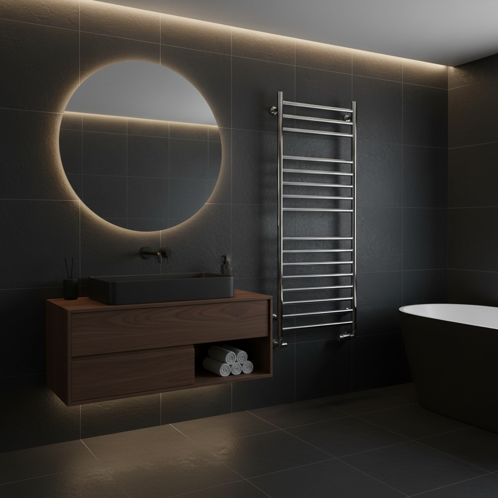 Chrome heated towel rail in modern bathroom setting
